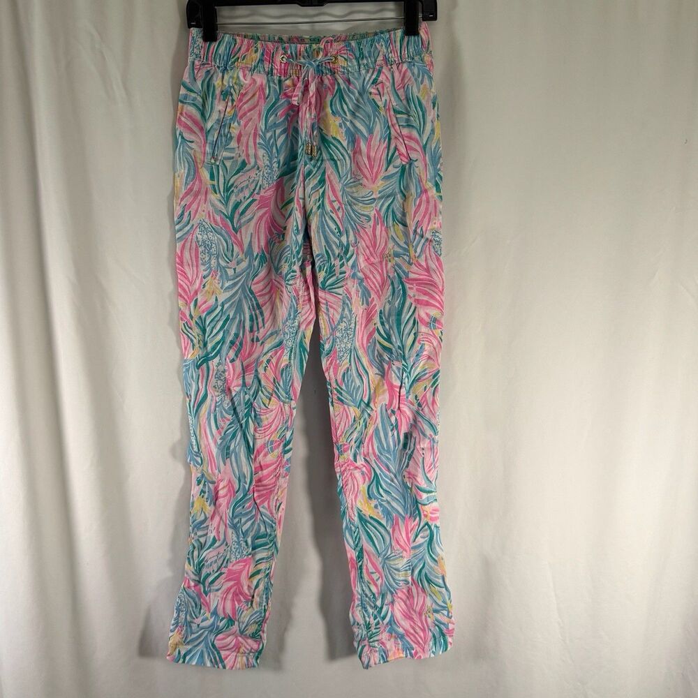 Lilly Pulitzer 100% Linen Pants Women's XS White Pink Floral Pull On Drawstring